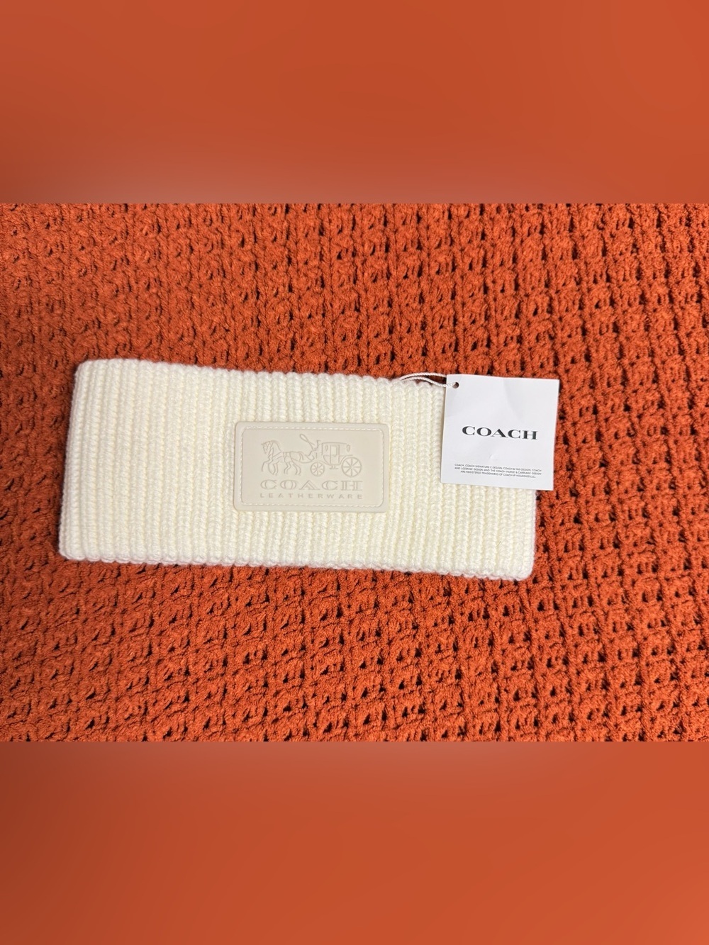 COACH Cream Ribbed Knit Headband with Logo Patch